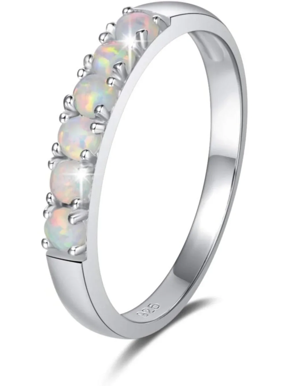 Stunning Opal Ring in Sterling Silver | 6 Stone Engagement & Eternity Band, Size